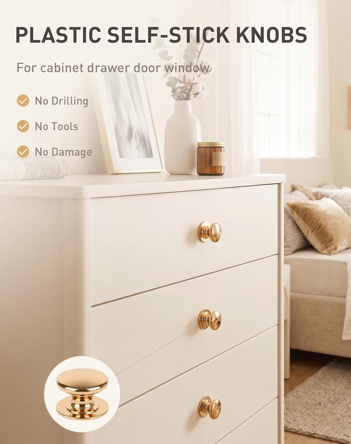 Elistonie 6 Pack Self-Stick Knobs Peel and Stick Cabinet Knobs Rose Gold Plastic Drawer Handle Pull with Adhesive Rose Gold Stick On Handle for Cupboard Fridge Dresser Window