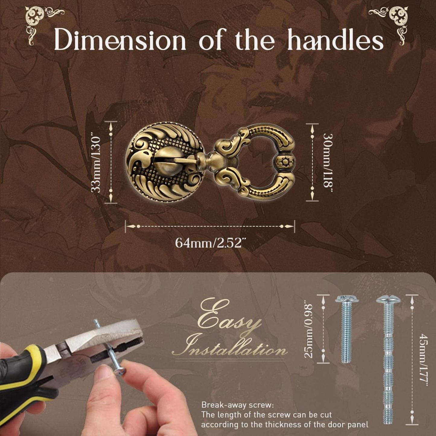 2 Pack Vintage Brass Drop Ring Pulls. Cabinet Pulls. 2.5 x 1.3 Inches. Solid Brass. Hand Painted Black & Red. Easy To Install. For Cabinets. Wardrobes. Drawers & More