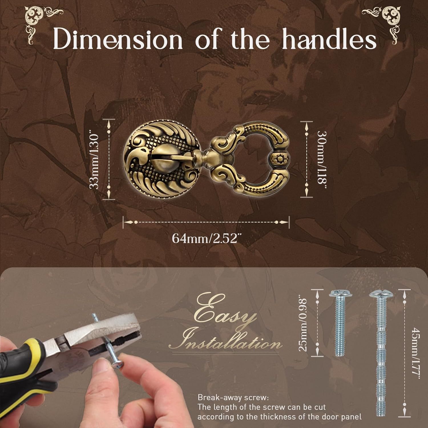 2 Pack Vintage Brass Drop Ring Pulls. Cabinet Pulls. 2.5 x 1.3 Inches. Solid Brass. Hand Painted Black & Red. Easy To Install. For Cabinets. Wardrobes. Drawers & More