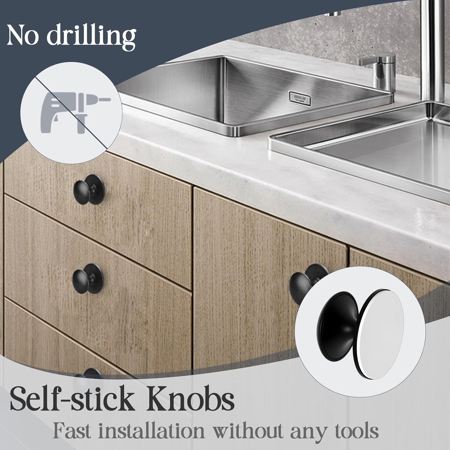 Stainless Steel Adhesive Cabinet Knobs Self-Stick Knobs Drill Free Dresser Drawer Pulls Stick On Handles