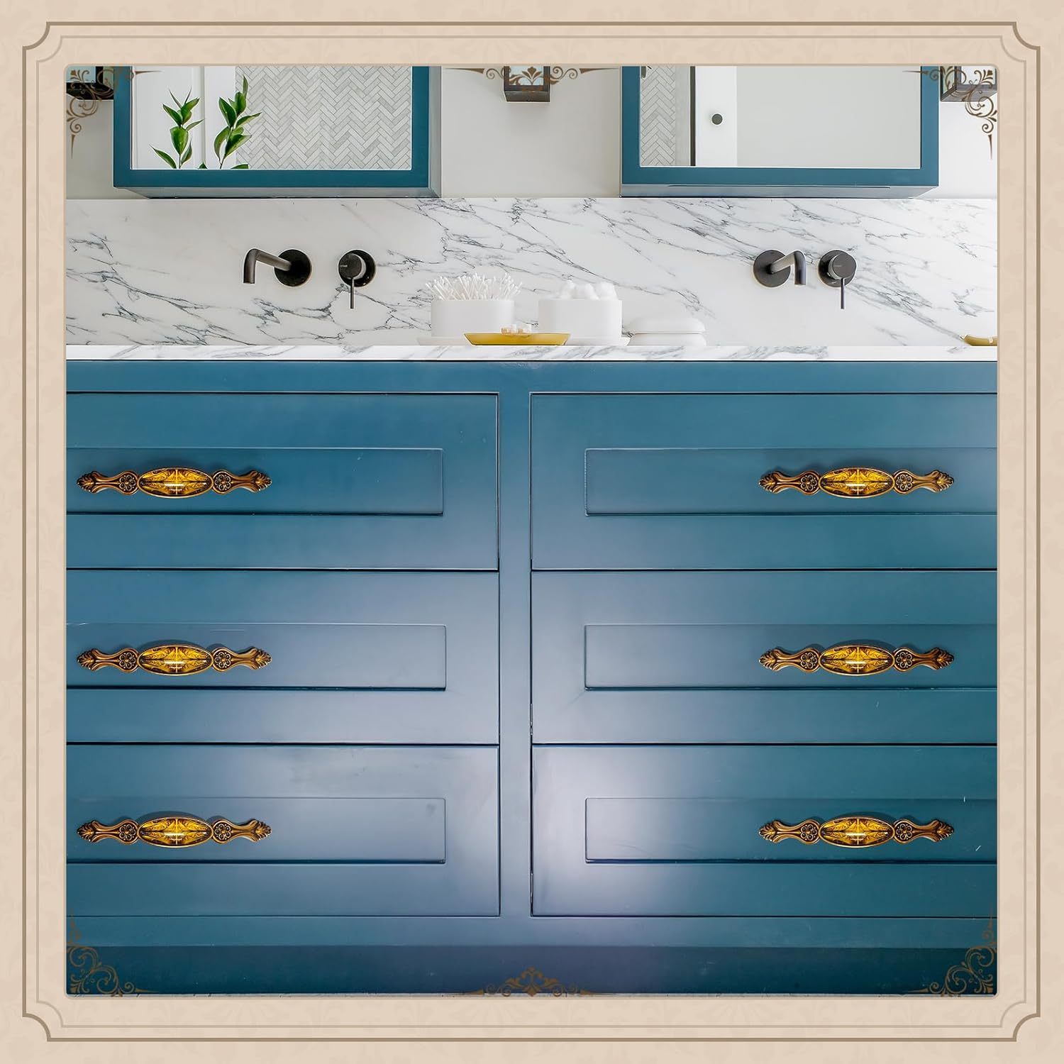 Elistonie 2 Pack Kitchen Door Handles Victorian Style Cabinet Handles 96mm Hole Center Copper Handles with Art Pattern Handles Zinc Alloy Cupboard Handles (Red Copper)