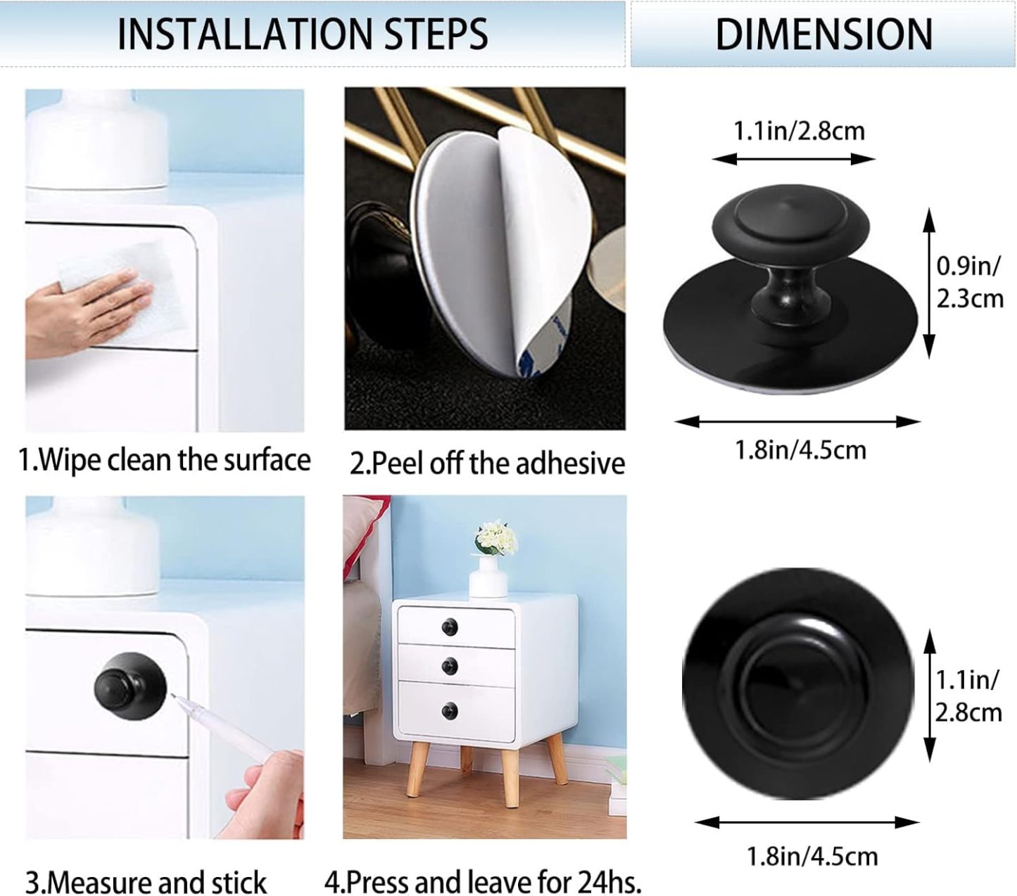 4 Pack Self-Stick Cabinet Handle Pulls Stainless Steel Silver Knobs with Adhesive for Mirror Cabinets Glass Sliding Doors Cupboards Drawer No Punching Peel and Stick Knobs Drill Free (Silver)