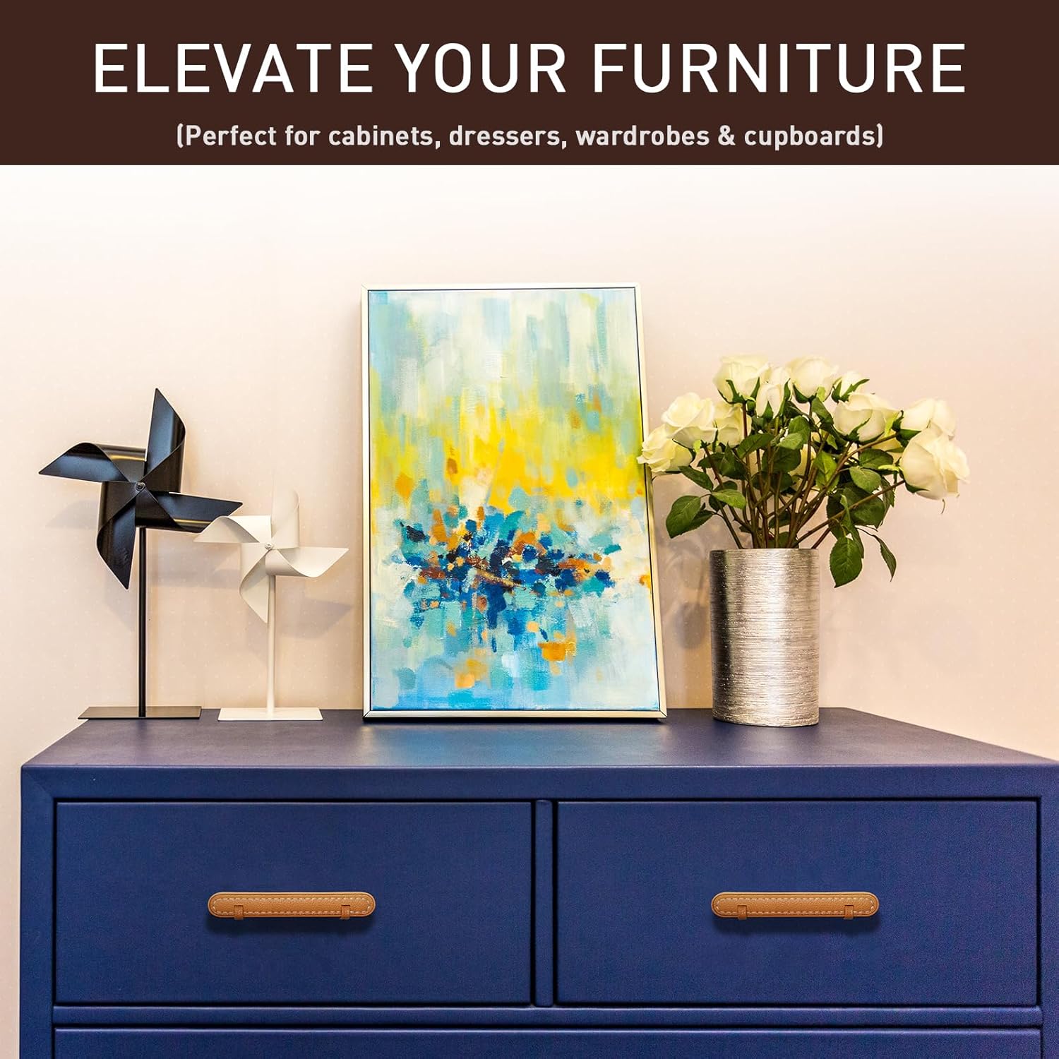 2 Pack Brown Leather Cabinet Pulls 3-3/4' Hand-Stitch Drawer Pulls for Cabinets Cupboards Dressers Drawers Bedroom