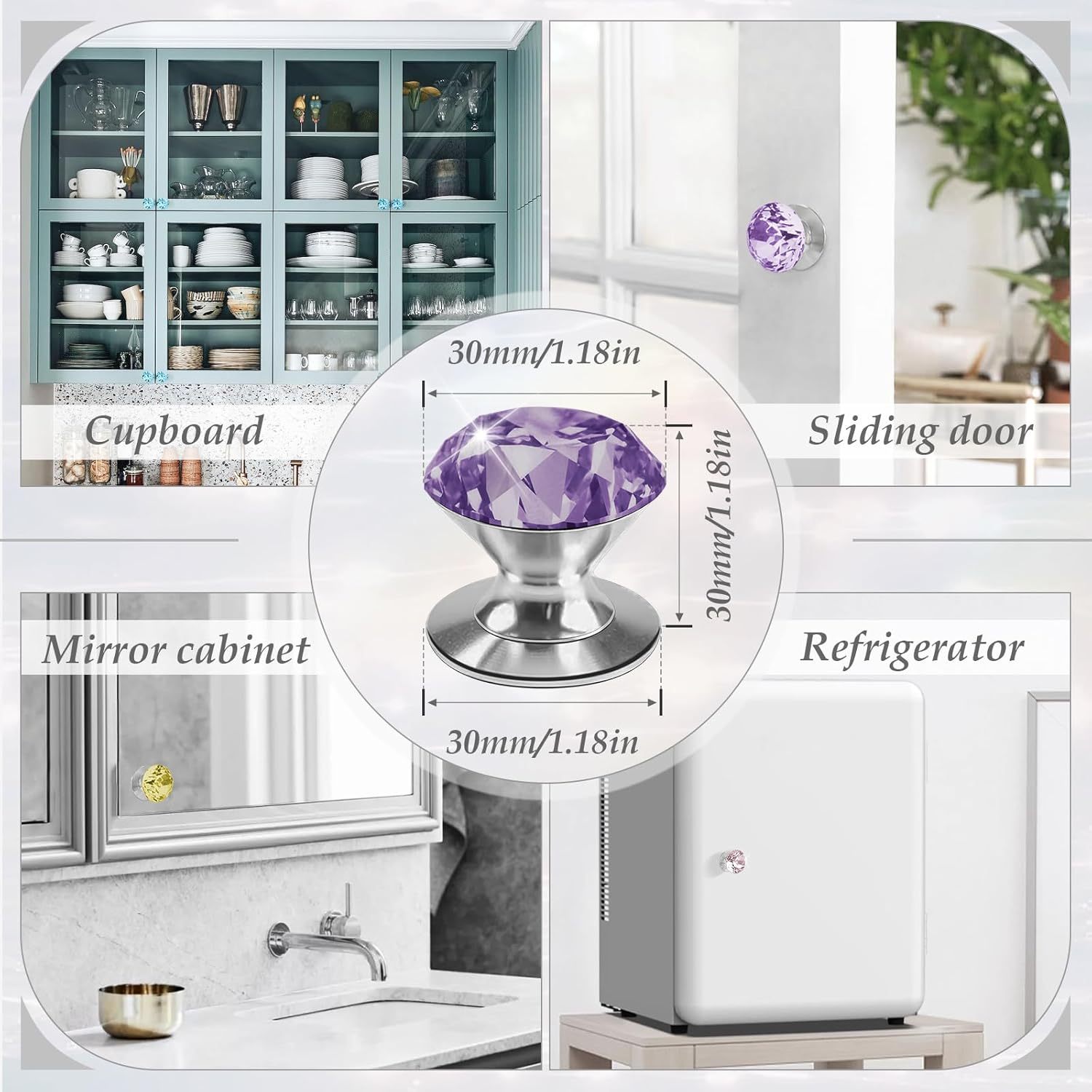 4 Pcs Self-Adhesive Crystal Knobs Self Stick Diamond Purple K9 Crystal Pulls Mirror Doors Knobs Drill Free Dresser Knobs for Medicine Cabinet Glass Sliding Doors Fish Tank Lid Terrarium