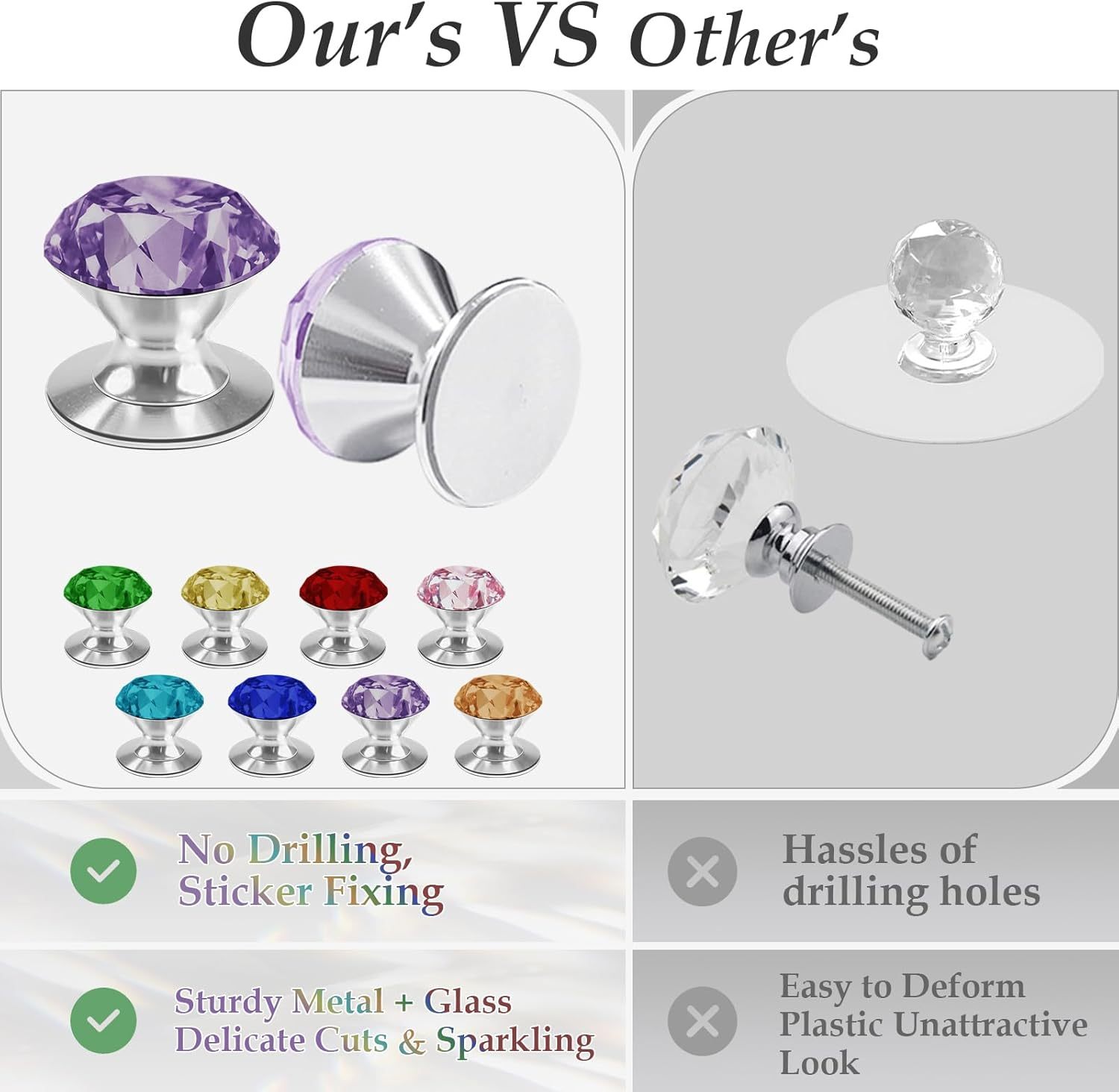 4 Pcs Self-Adhesive Crystal Knobs Self Stick Diamond Purple K9 Crystal Pulls Mirror Doors Knobs Drill Free Dresser Knobs for Medicine Cabinet Glass Sliding Doors Fish Tank Lid Terrarium