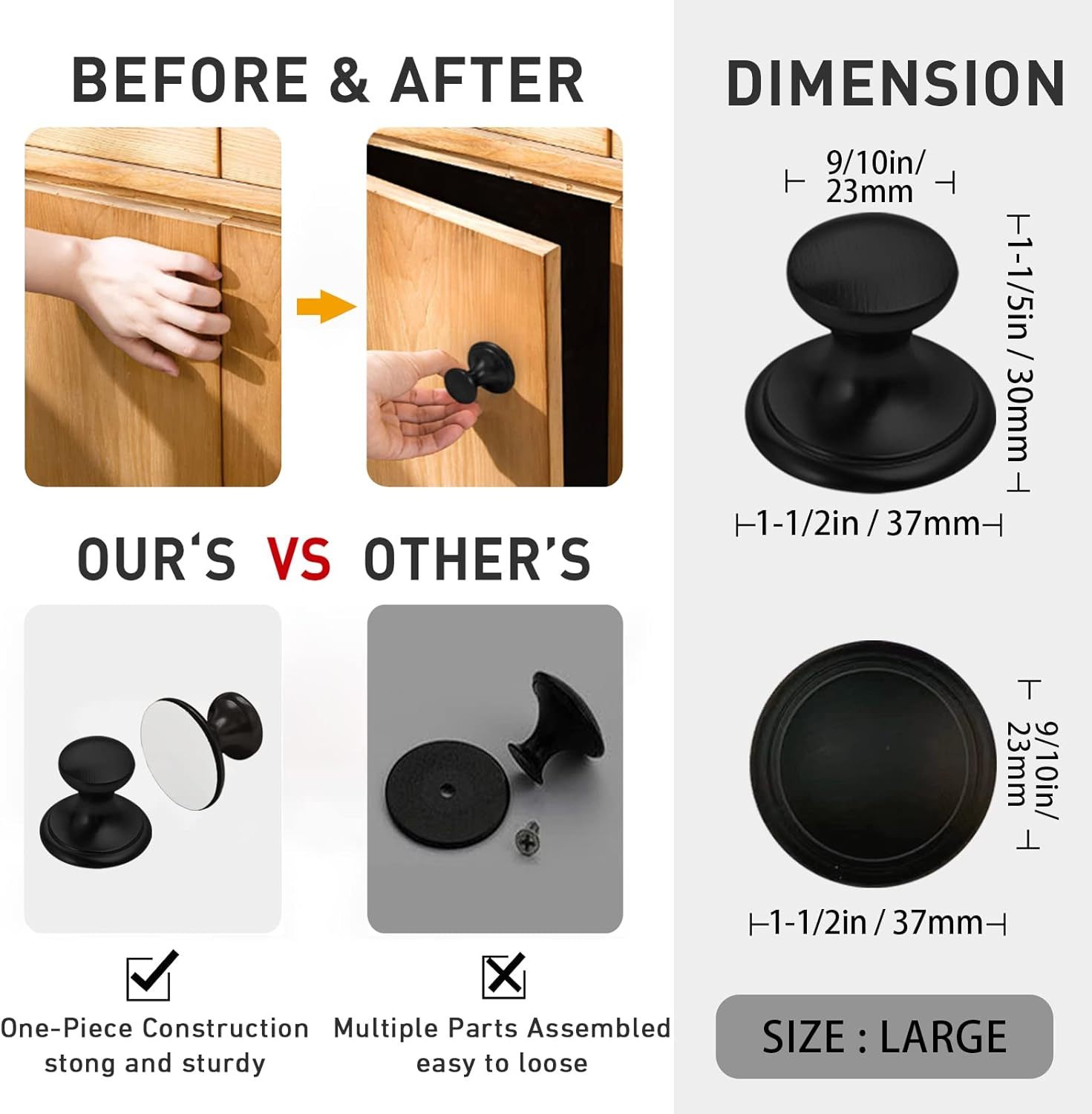 4 Pack Self-Stick Knobs Brushed Black Self-Adhesive Drawer Knobs Aluminum No Drilling Cabinet Handle Pull with Adhesive Black Knob for Cupboard Fridge Dresser Window 4pcs (Black.1-1/2)
