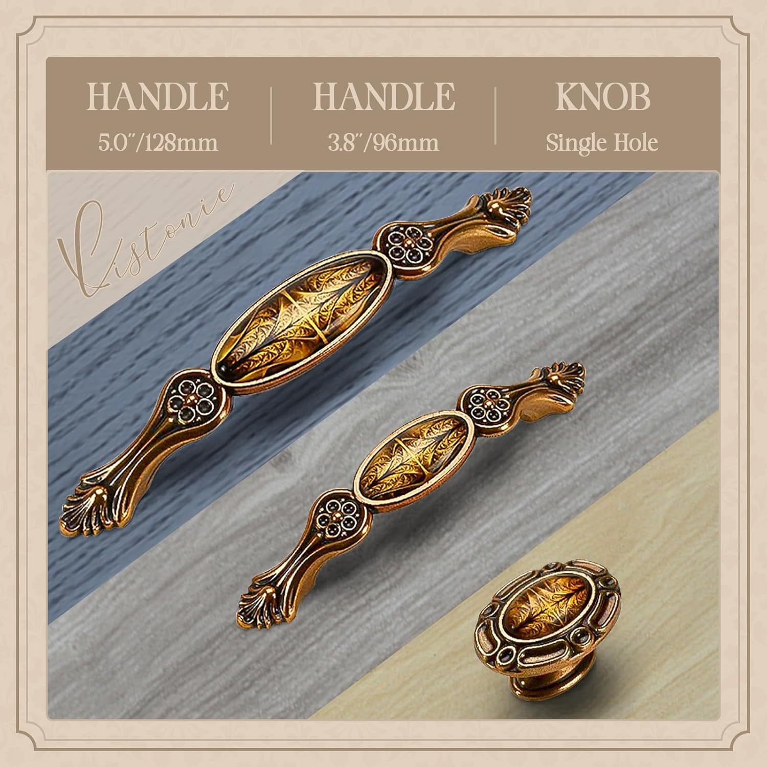 Elistonie 2 Pack Kitchen Door Handles Victorian Style Cabinet Handles 96mm Hole Center Copper Handles with Art Pattern Handles Zinc Alloy Cupboard Handles (Red Copper)