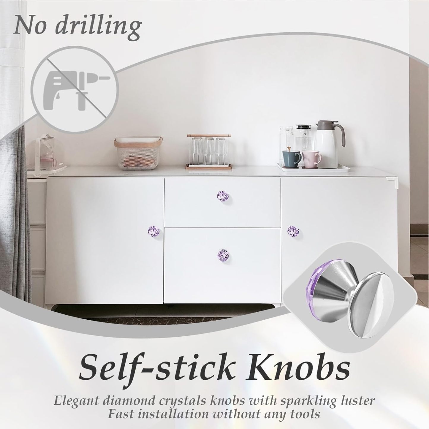 4 Pcs Self-Adhesive Crystal Knobs Self Stick Diamond Purple K9 Crystal Pulls Mirror Doors Knobs Drill Free Dresser Knobs for Medicine Cabinet Glass Sliding Doors Fish Tank Lid Terrarium