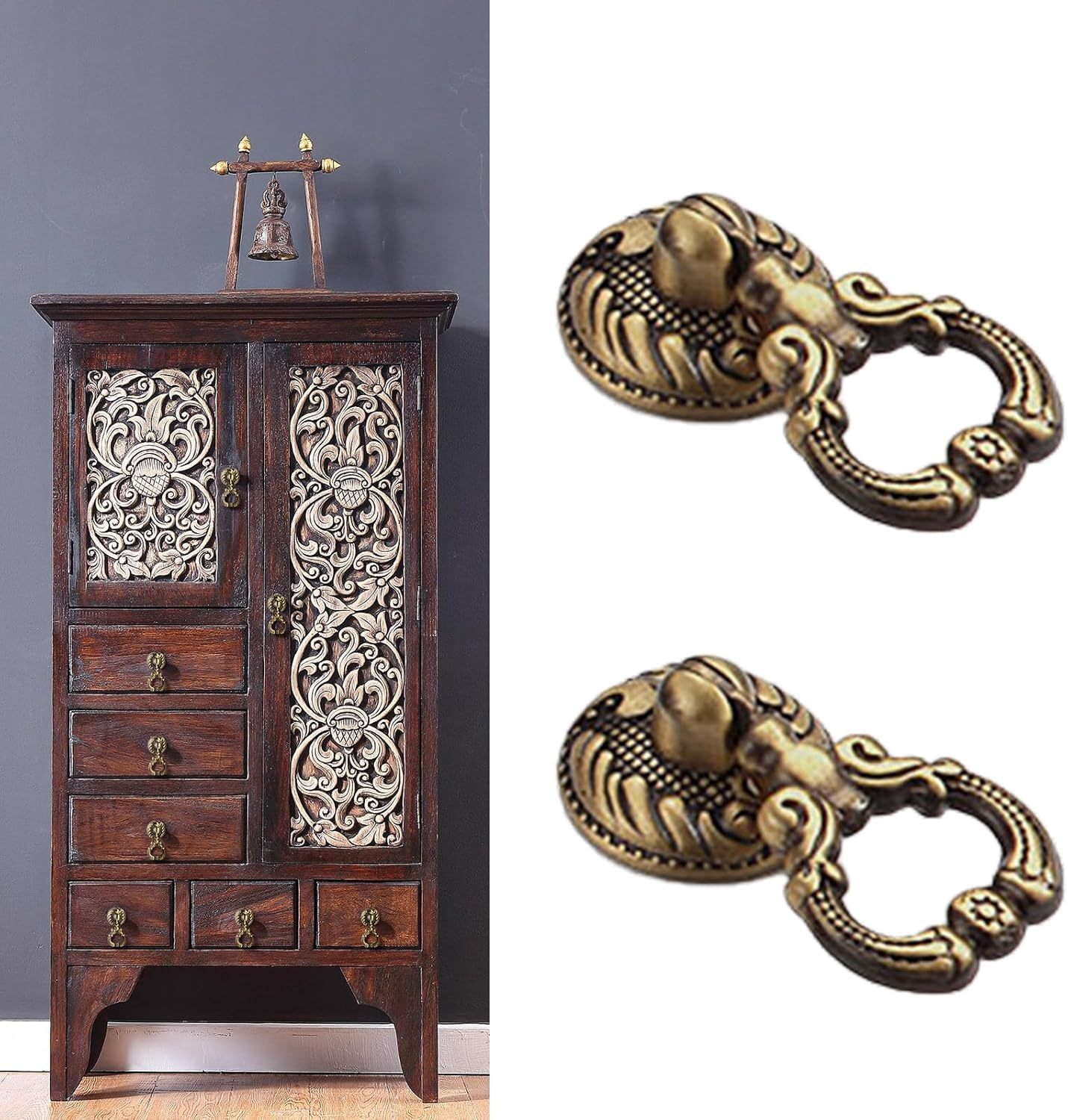 2 Pack Vintage Brass Drop Ring Pulls. Cabinet Pulls. 2.5 x 1.3 Inches. Solid Brass. Hand Painted Black & Red. Easy To Install. For Cabinets. Wardrobes. Drawers & More