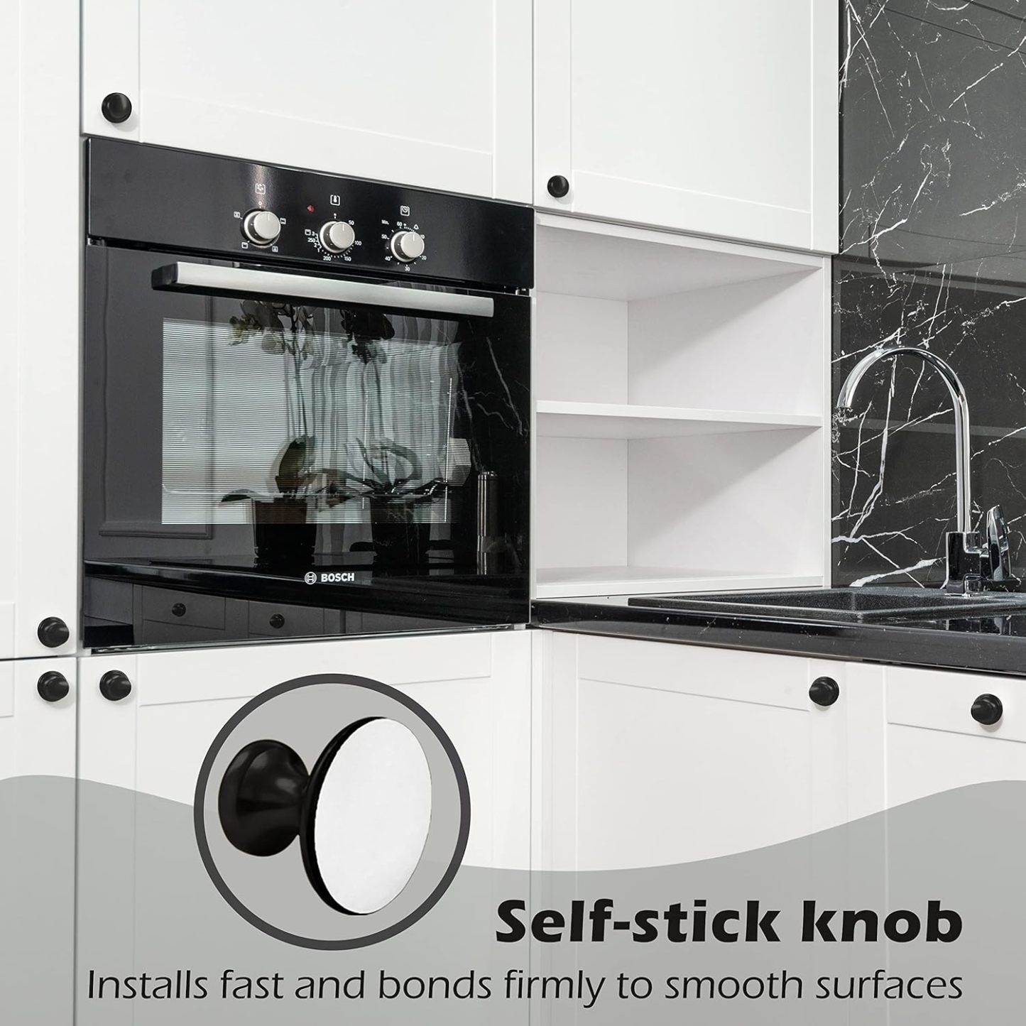 4 Pack Self-Stick Knobs Brushed Black Self-Adhesive Drawer Knobs Aluminum No Drilling Cabinet Handle Pull with Adhesive Black Knob for Cupboard Fridge Dresser Window 4pcs (Black.1-1/2)