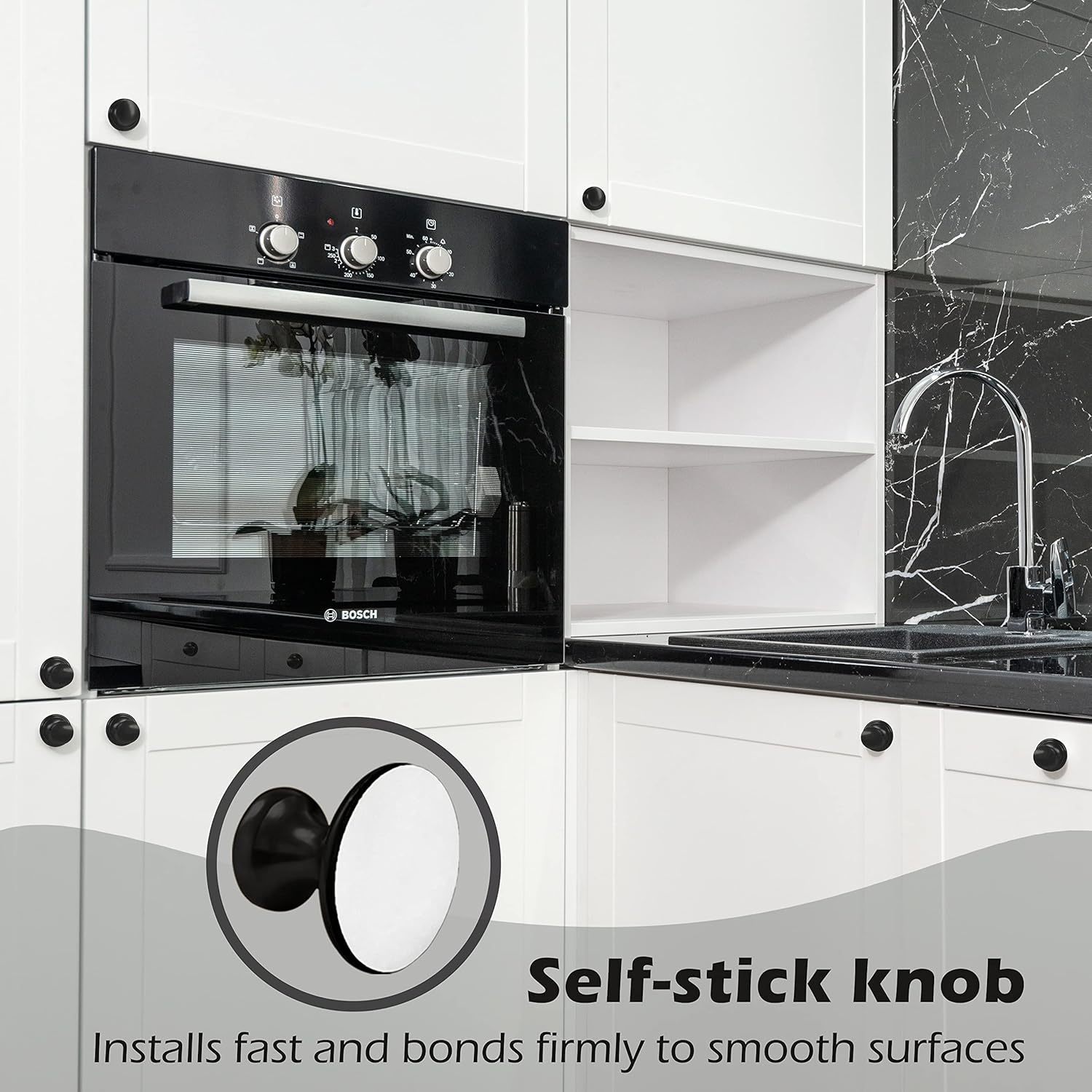 4 Pack Self-Stick Knobs Brushed Black Self-Adhesive Drawer Knobs Aluminum No Drilling Cabinet Handle Pull with Adhesive Black Knob for Cupboard Fridge Dresser Window 4pcs (Black.1-1/2)