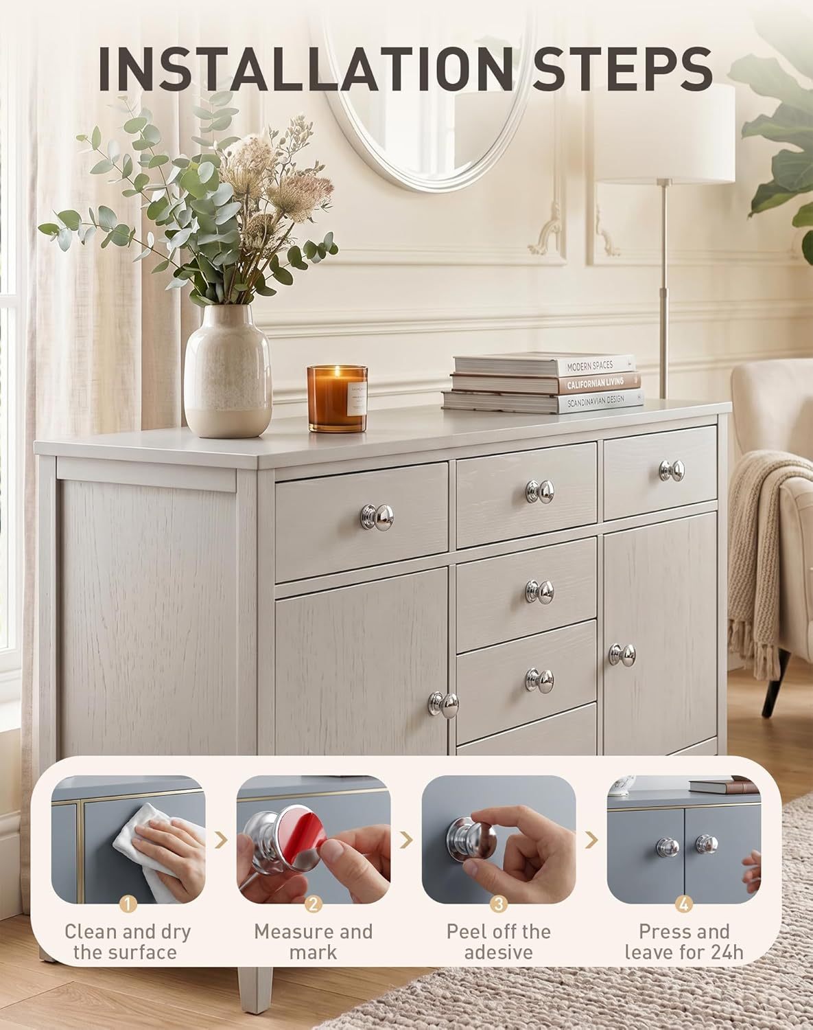 Elistonie Self-Stick Knobs Peel and Stick Cabinet Knobs Silver Plastic Drawer Handle Pull with Adhesive Silver Stick On Handle for Cupboard Fridge Dresser Window 