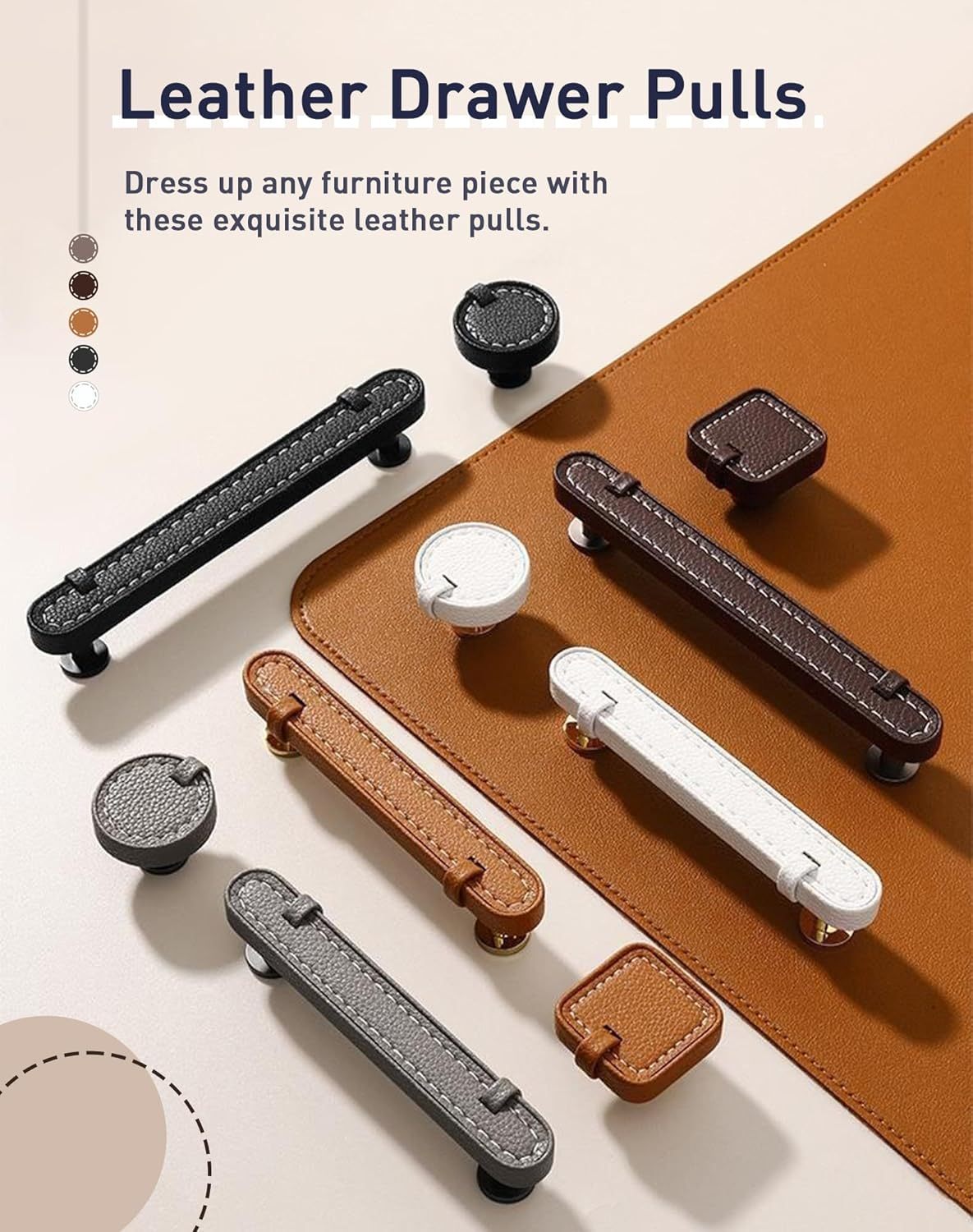 2 Pack Brown Leather Cabinet Pulls 3-3/4' Hand-Stitch Drawer Pulls for Cabinets Cupboards Dressers Drawers Bedroom