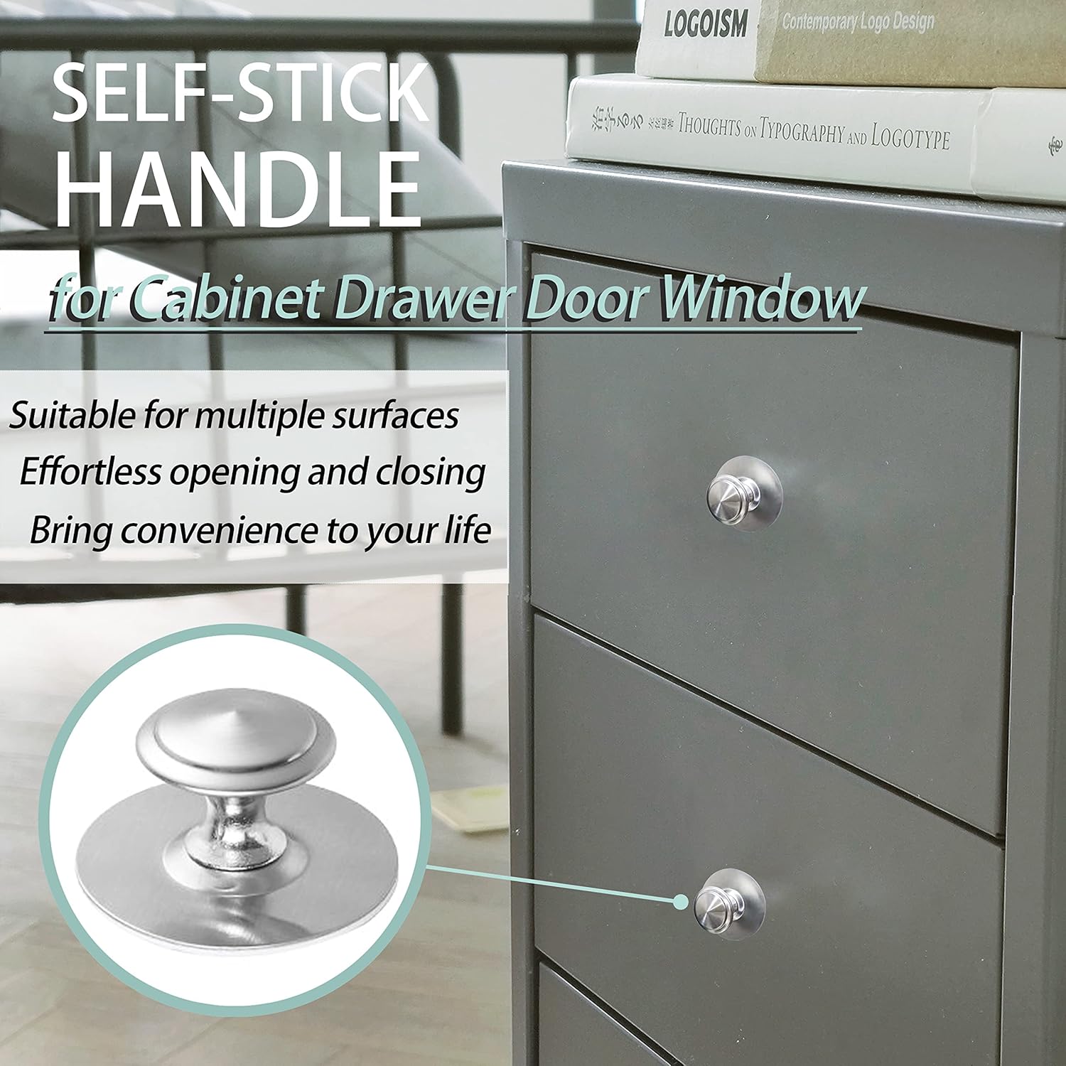 4 Pack Self-Stick Cabinet Handle Pulls Stainless Steel Silver Knobs with Adhesive for Mirror Cabinets Glass Sliding Doors Cupboards Drawer No Punching Peel and Stick Knobs Drill Free (Silver)