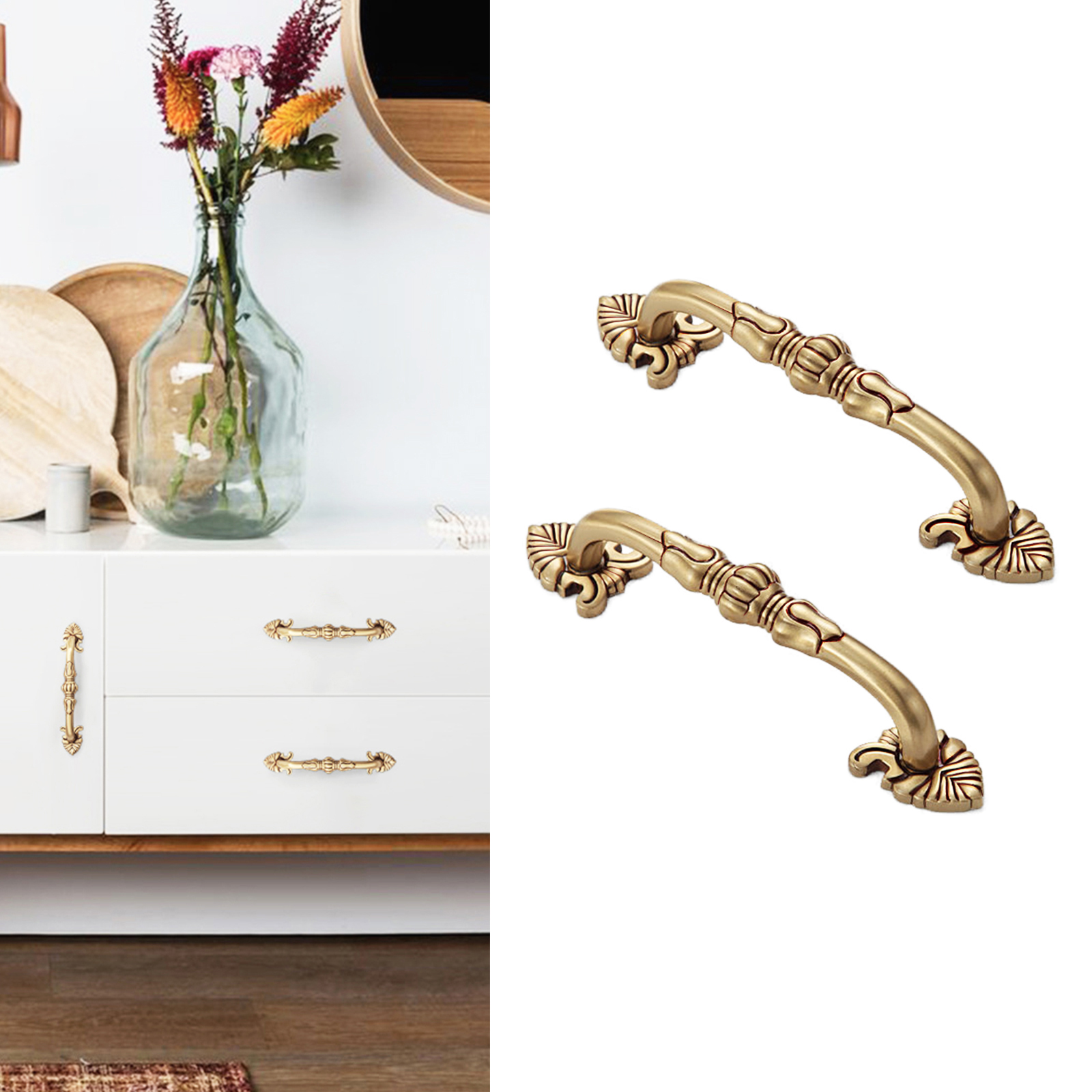 Brass Cabinet Pulls Antique Floral Pattern Cabinet Handle Drawer Pulls Solid Brass Kitchen Hardware 