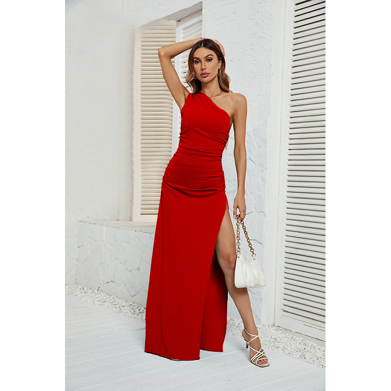 New sexy slanted shoulder slim fit slit versatile dress for women