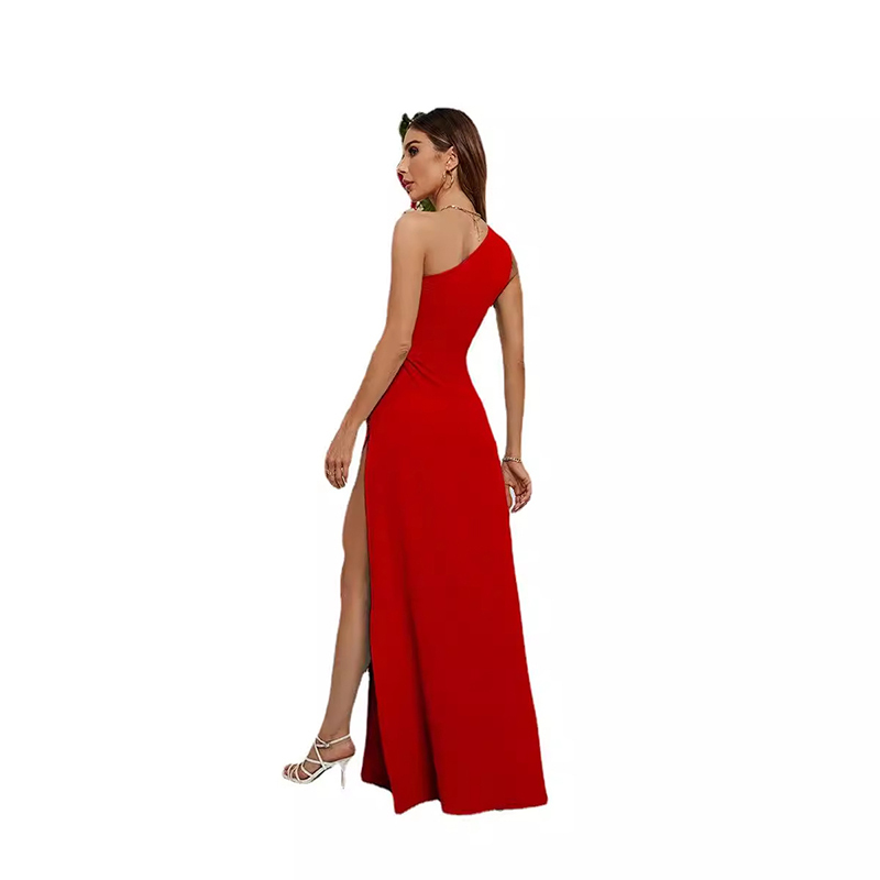 New sexy slanted shoulder slim fit slit versatile dress for women