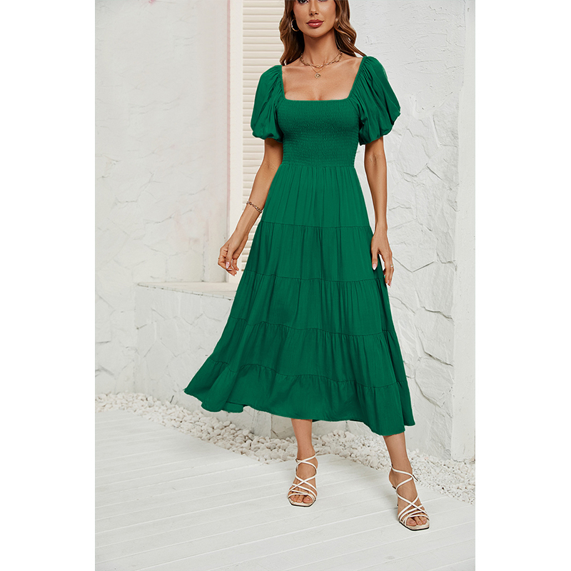 Women's Summer Solid Color High Waist Puff Sleeve Waist Dress for Women
