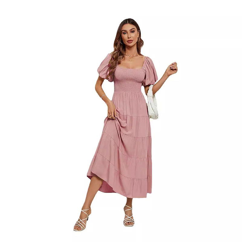 Women's Summer Solid Color High Waist Puff Sleeve Waist Dress for Women