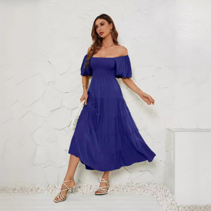 Women's Summer Solid Color High Waist Puff Sleeve Waist Dress for Women