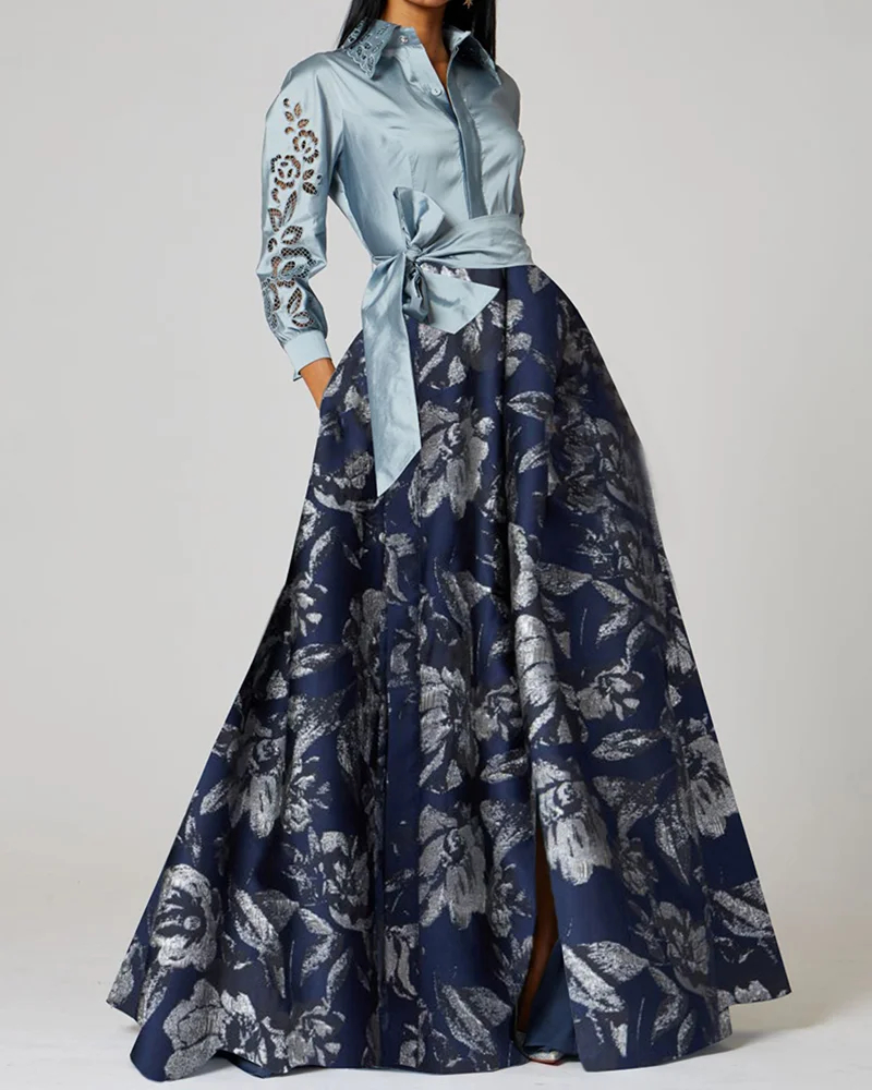 Contrast Print Brocade Shirt-neck Maxi Dress