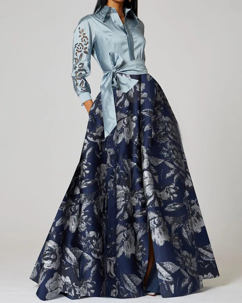 Contrast Print Brocade Shirt-neck Maxi Dress