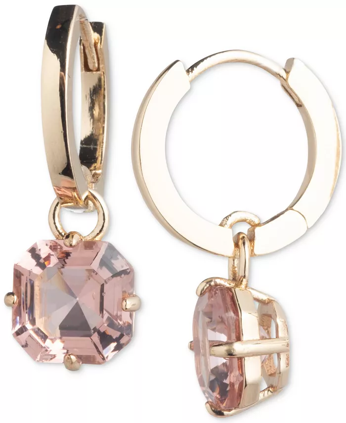 Gold-Tone Cushion-Cut Stone Charm Huggie Hoop Earrings