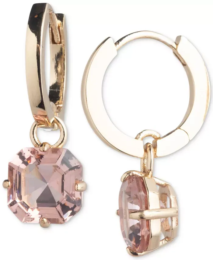 Gold-Tone Cushion-Cut Stone Charm Huggie Hoop Earrings