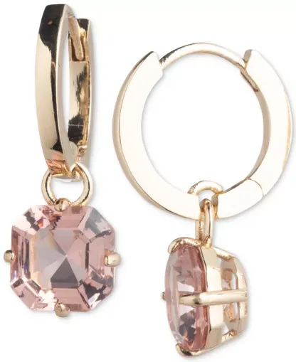 Gold-Tone Cushion-Cut Stone Charm Huggie Hoop Earrings
