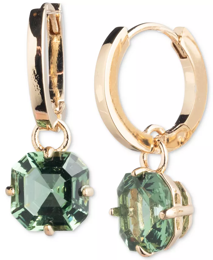 Gold-Tone Cushion-Cut Stone Charm Huggie Hoop Earrings