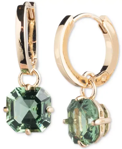 Gold-Tone Cushion-Cut Stone Charm Huggie Hoop Earrings