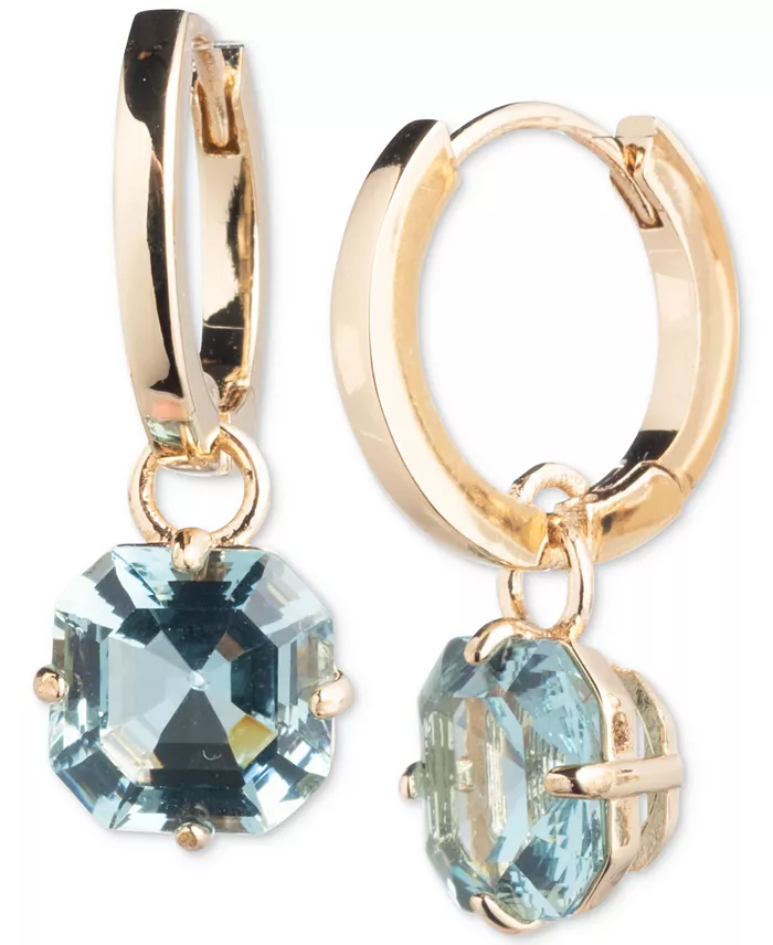 Gold-Tone Cushion-Cut Stone Charm Huggie Hoop Earrings