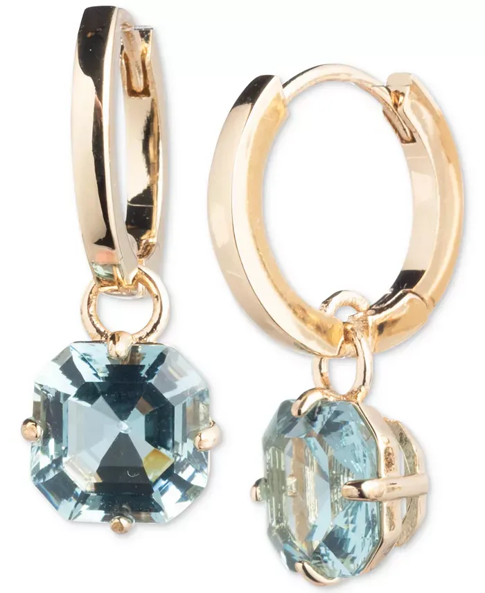 Gold-Tone Cushion-Cut Stone Charm Huggie Hoop Earrings