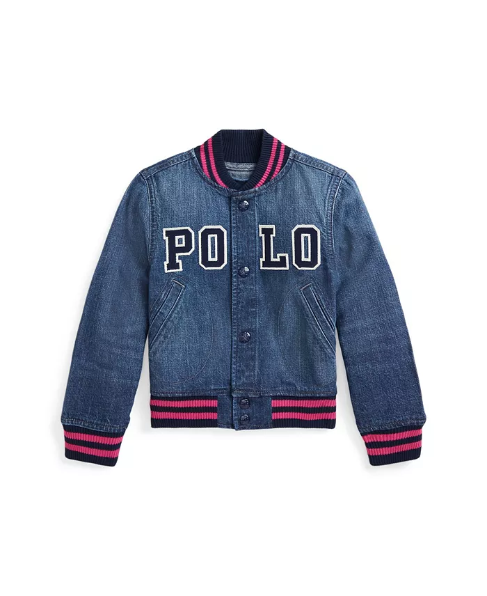 Toddler and Little Girls Logo Denim Baseball Jacket