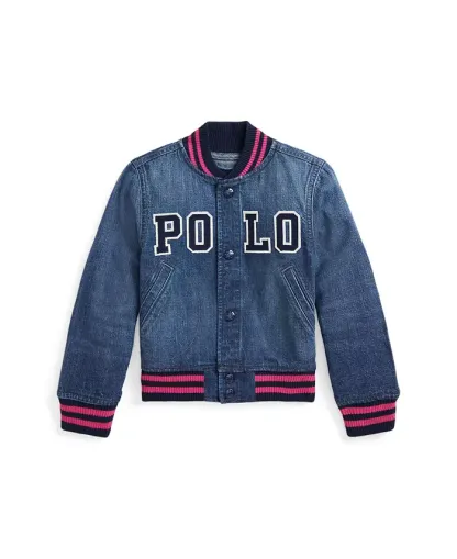 Toddler and Little Girls Logo Denim Baseball Jacket