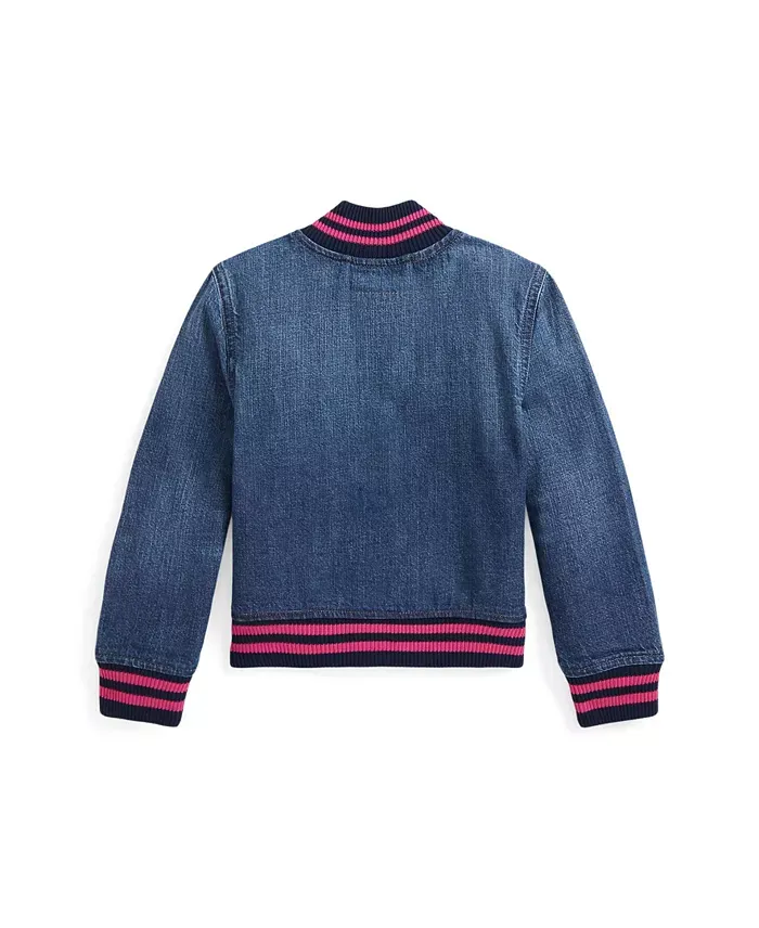 Toddler and Little Girls Logo Denim Baseball Jacket