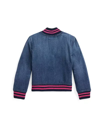 Toddler and Little Girls Logo Denim Baseball Jacket