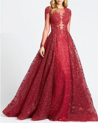 Women's Round Neck Solid Color Embroidered Mesh Dress - 01​