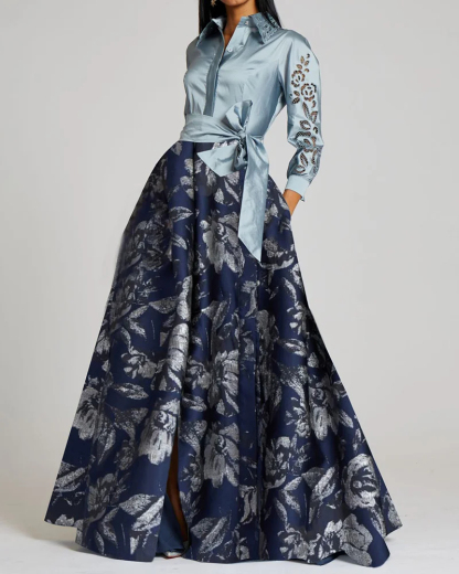 Contrast Print Brocade Shirt-neck Maxi Dress