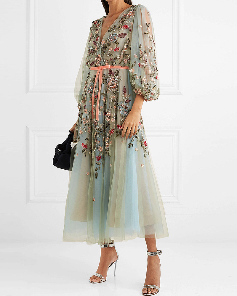 Mesh V-neck Printed Midi Dress-01