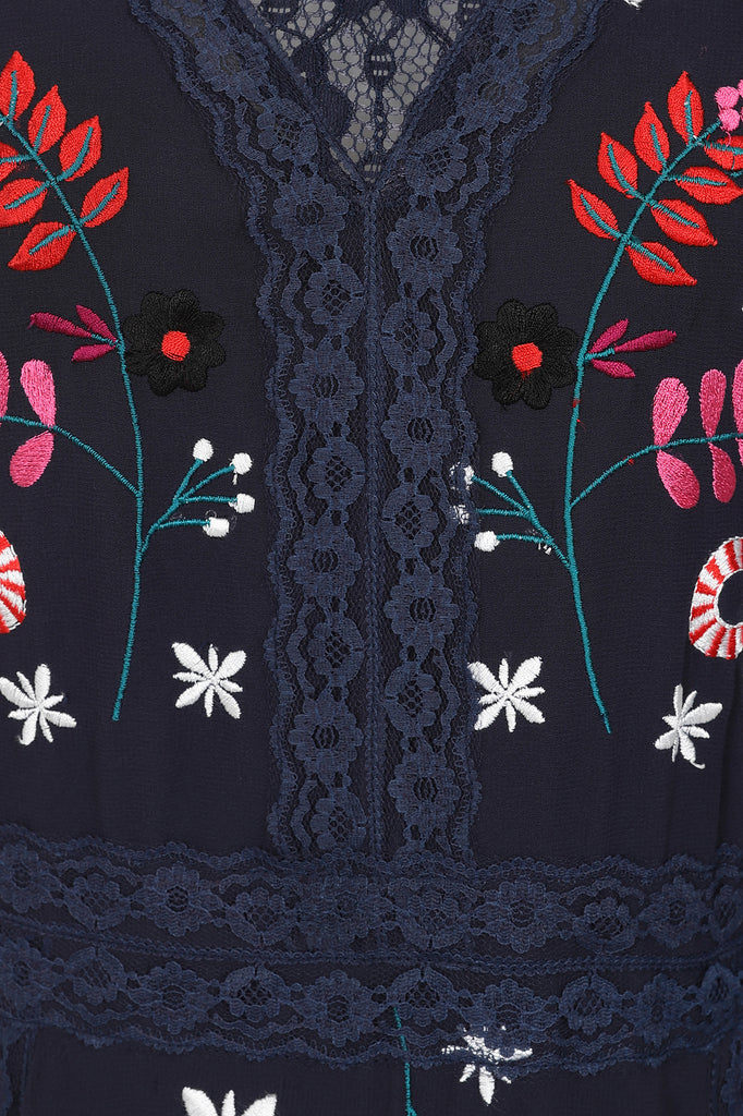 Navy Christmas Embroidered Maxi Dress with Lace Panels