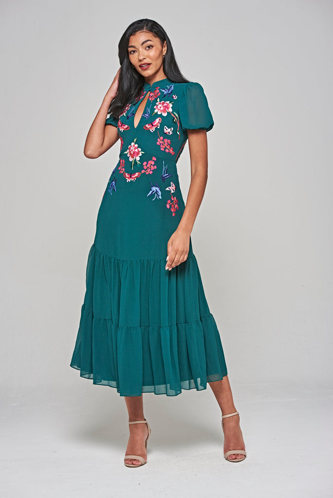 Green Floral Embroidered Midi Dress