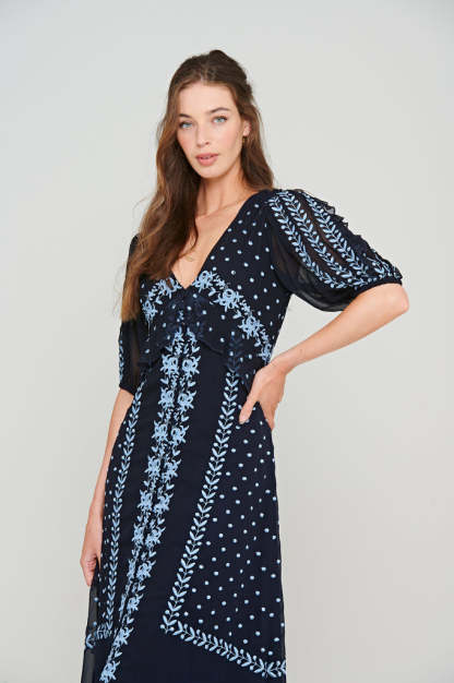 Navy Embroidered Button Through Maxi Dress