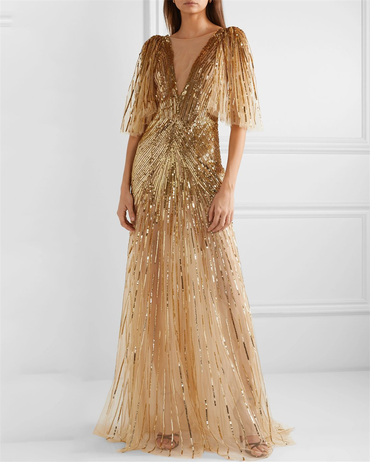 Women's V Neck Sequined Mesh Evening Dress - 01