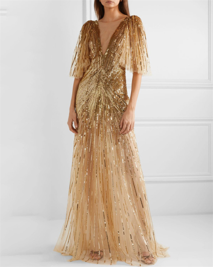 Women's V Neck Sequined Mesh Evening Dress - 01