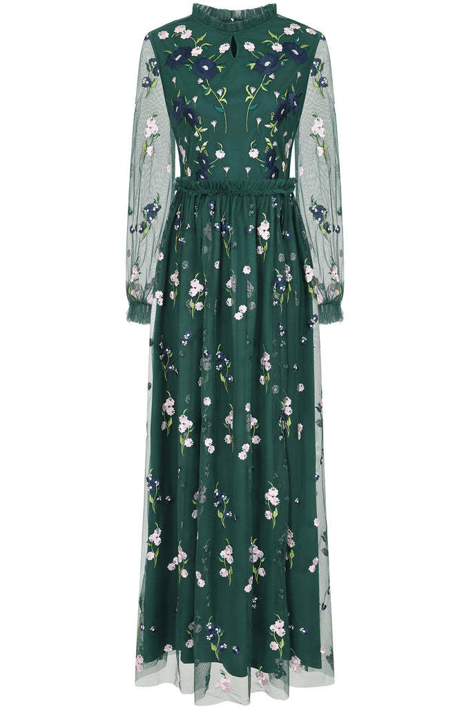 Alpine Green Floral Embroidered Maxi Dress