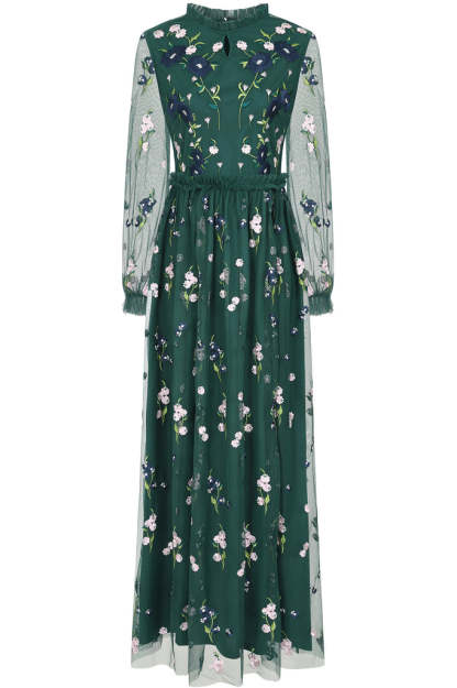 Alpine Green Floral Embroidered Maxi Dress