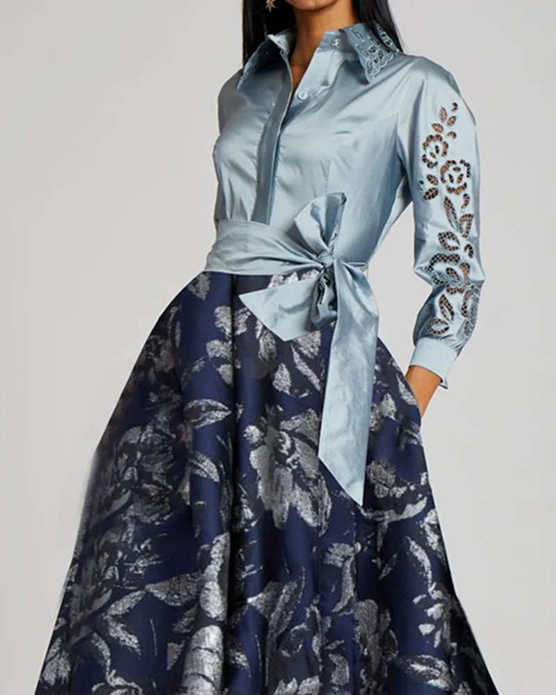 Contrast Print Brocade Shirt-neck Maxi Dress