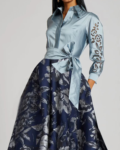 Contrast Print Brocade Shirt-neck Maxi Dress