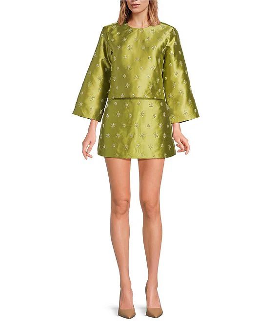 Beaded Olive Satin Two-Piece Set